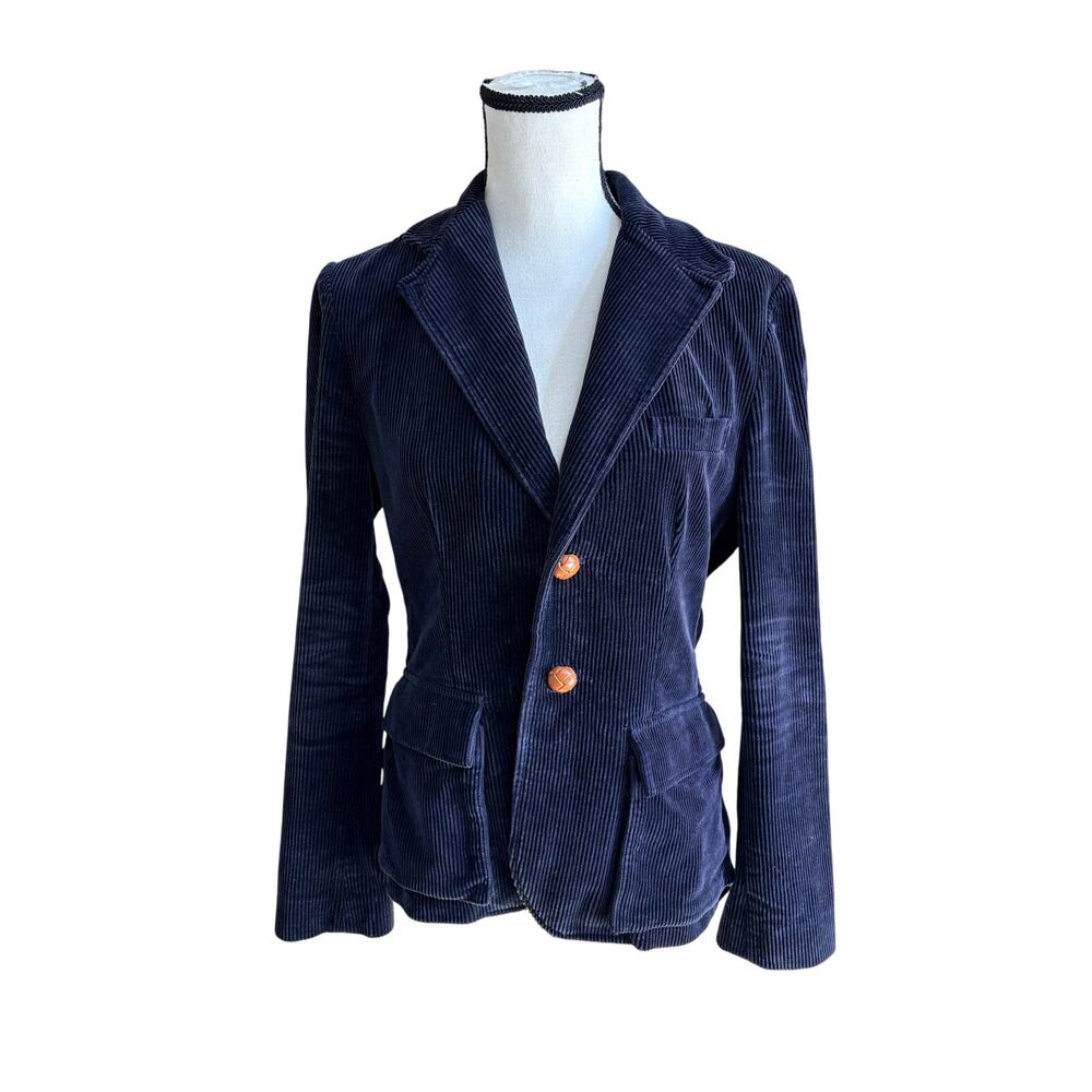Vintage Ralph Lauren Women’s Medium Navy Corduroy Blazer Leather Buttons Preppy